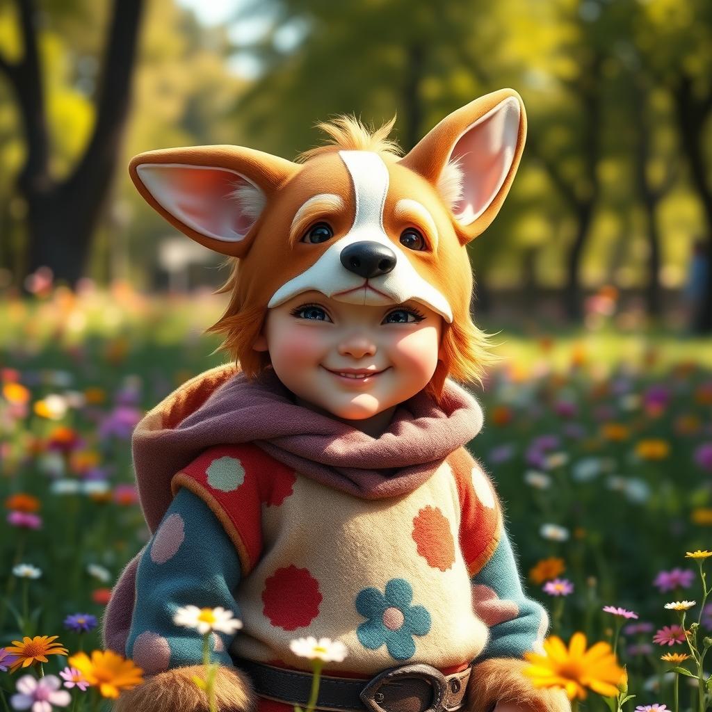 A delightful fantasy portrait of a halfling wearing a half corgi mask, showcasing a mix of whimsy and charm