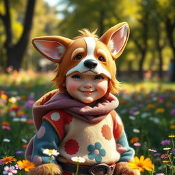 A delightful fantasy portrait of a halfling wearing a half corgi mask, showcasing a mix of whimsy and charm