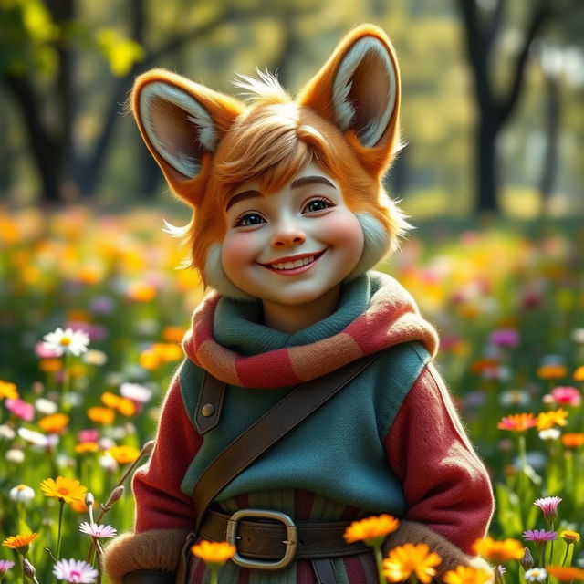 A delightful fantasy portrait of a halfling wearing a half corgi mask, showcasing a mix of whimsy and charm