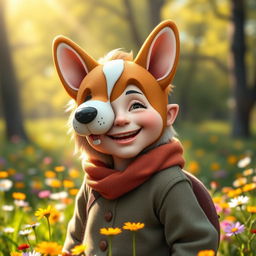 A delightful fantasy portrait of a halfling wearing a half corgi mask, showcasing a mix of whimsy and charm