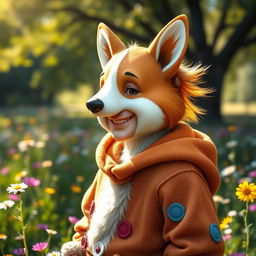 A delightful fantasy portrait of a halfling wearing a half corgi mask, showcasing a mix of whimsy and charm
