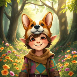A fantasy illustration showcasing a halfling wearing a half corgi mask, blending whimsy and charm
