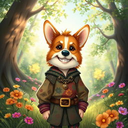 A fantasy illustration showcasing a halfling wearing a half corgi mask, blending whimsy and charm