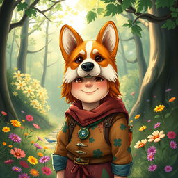 A fantasy illustration showcasing a halfling wearing a half corgi mask, blending whimsy and charm