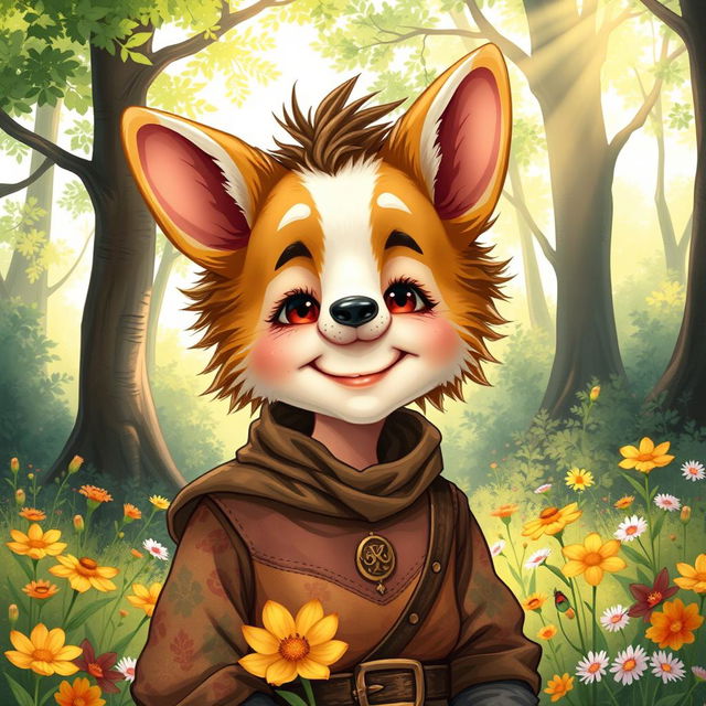 A fantasy illustration showcasing a halfling wearing a half corgi mask, blending whimsy and charm