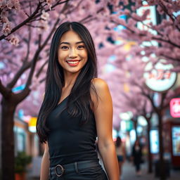A beautiful Japanese woman with long black hair and a radiant smile, dressed in a stylish, form-fitting outfit that accentuates her figure