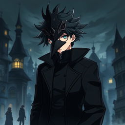 An intriguing illustration of Shiroe from Log Horizon, depicted wearing a detailed crow mask that adds an air of mystery to his character