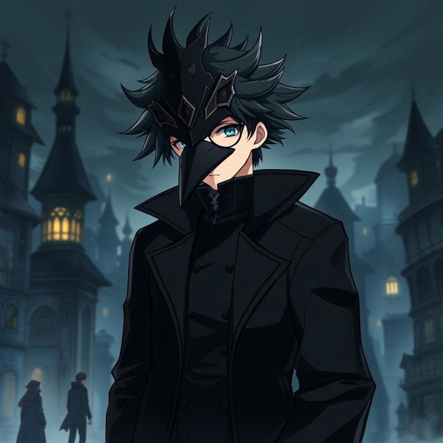 An intriguing illustration of Shiroe from Log Horizon, depicted wearing a detailed crow mask that adds an air of mystery to his character