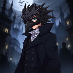 An intriguing illustration of Shiroe from Log Horizon, depicted wearing a detailed crow mask that adds an air of mystery to his character