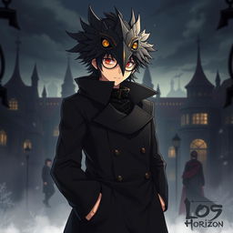 An intriguing illustration of Shiroe from Log Horizon, depicted wearing a detailed crow mask that adds an air of mystery to his character