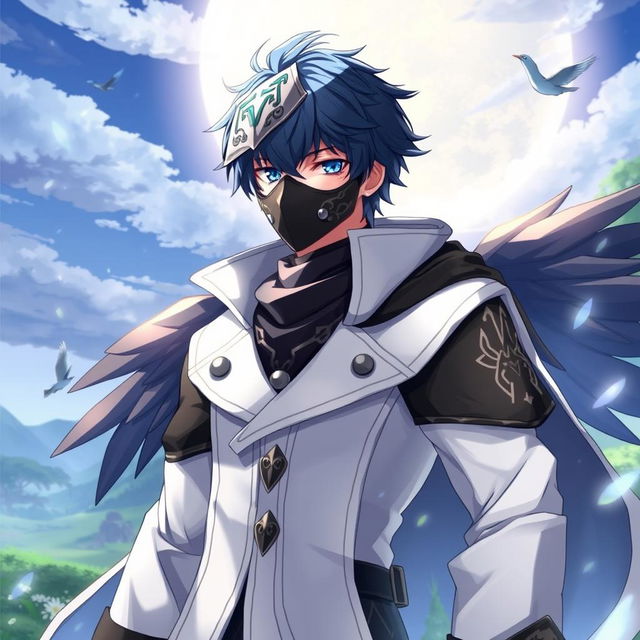 An engaging illustration of Shiroe from Log Horizon, depicted wearing a detailed crow mask