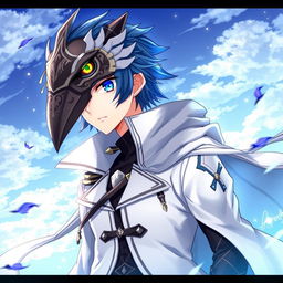 An engaging illustration of Shiroe from Log Horizon, depicted wearing a detailed crow mask