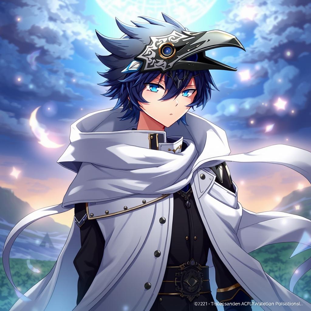 An engaging illustration of Shiroe from Log Horizon, depicted wearing a detailed crow mask