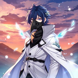 An engaging illustration of Shiroe from Log Horizon, depicted wearing a detailed crow mask