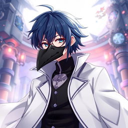 An engaging illustration of Shiroe from Log Horizon, characterized by his dark blue hair that subtly shows from underneath a detailed crow mask