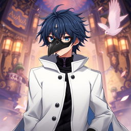 An engaging illustration of Shiroe from Log Horizon, characterized by his dark blue hair that subtly shows from underneath a detailed crow mask