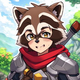 An engaging illustration of Naofumi Iwatani from The Rising Of The Shield Hero, depicted wearing a playful and detailed raccoon mask