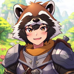 An engaging illustration of Naofumi Iwatani from The Rising Of The Shield Hero, depicted wearing a playful and detailed raccoon mask