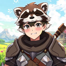 An engaging illustration of Naofumi Iwatani from The Rising Of The Shield Hero, depicted wearing a playful and detailed raccoon mask