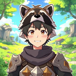 An engaging illustration of Naofumi Iwatani from The Rising Of The Shield Hero, depicted wearing a playful and detailed raccoon mask