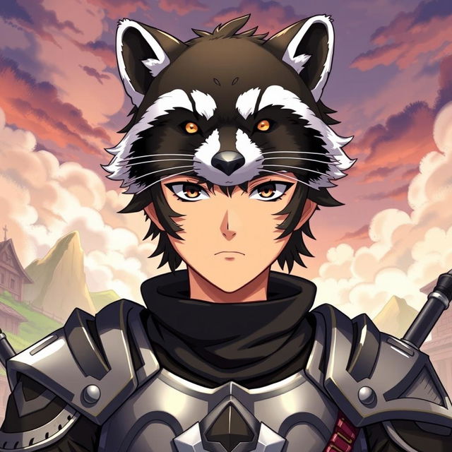 An engaging illustration of Naofumi Iwatani from The Rising Of The Shield Hero, showcasing him wearing a detailed raccoon mask