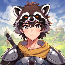 An engaging illustration of Naofumi Iwatani from The Rising Of The Shield Hero, showcasing him wearing a detailed raccoon mask