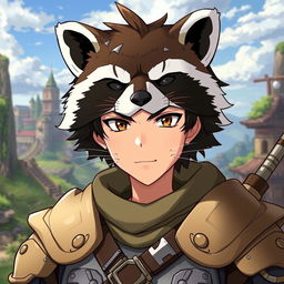 An engaging illustration of Naofumi Iwatani from The Rising Of The Shield Hero, showcasing him wearing a detailed raccoon mask