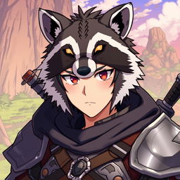 An engaging illustration of Naofumi Iwatani from The Rising Of The Shield Hero, showcasing him wearing a detailed raccoon mask