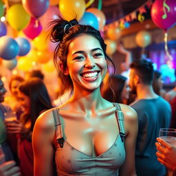 A young woman with a smooth complexion and a playful ponytail, resembling a character inspired by Jennifer Mendes, enjoying herself at a lively party