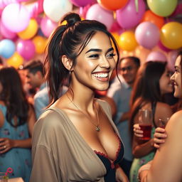 A young woman with a smooth complexion and a playful ponytail, resembling a character inspired by Jennifer Mendes, enjoying herself at a lively party