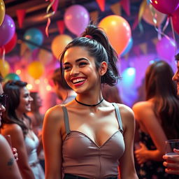 A young woman with a smooth complexion and a playful ponytail, resembling a character inspired by Jennifer Mendes, enjoying herself at a lively party