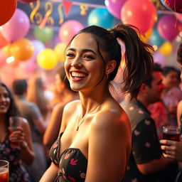 A young woman with a smooth complexion and a playful ponytail, resembling a character inspired by Jennifer Mendes, enjoying herself at a lively party