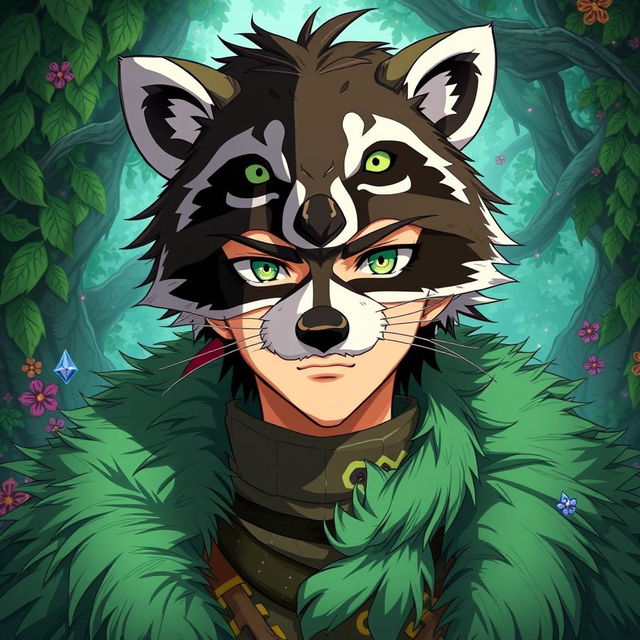 A striking illustration of Naofumi Iwatani from The Rising Of The Shield Hero, wearing an intricate raccoon mask that adds a whimsical touch to his stoic demeanor