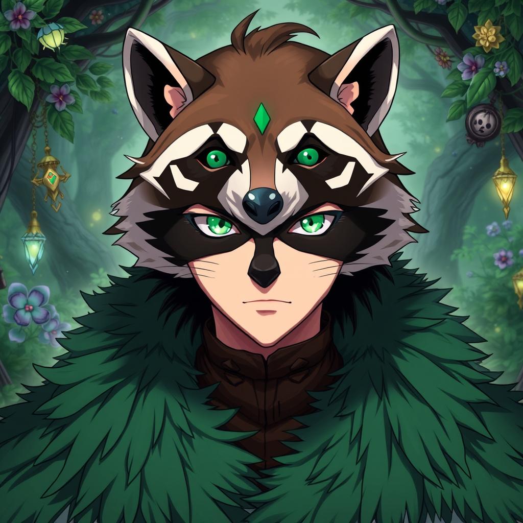 A striking illustration of Naofumi Iwatani from The Rising Of The Shield Hero, wearing an intricate raccoon mask that adds a whimsical touch to his stoic demeanor