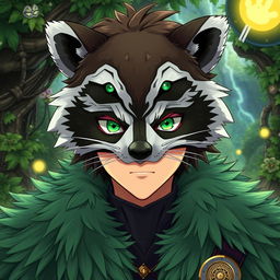 A striking illustration of Naofumi Iwatani from The Rising Of The Shield Hero, wearing an intricate raccoon mask that adds a whimsical touch to his stoic demeanor