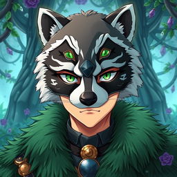 A striking illustration of Naofumi Iwatani from The Rising Of The Shield Hero, wearing an intricate raccoon mask that adds a whimsical touch to his stoic demeanor