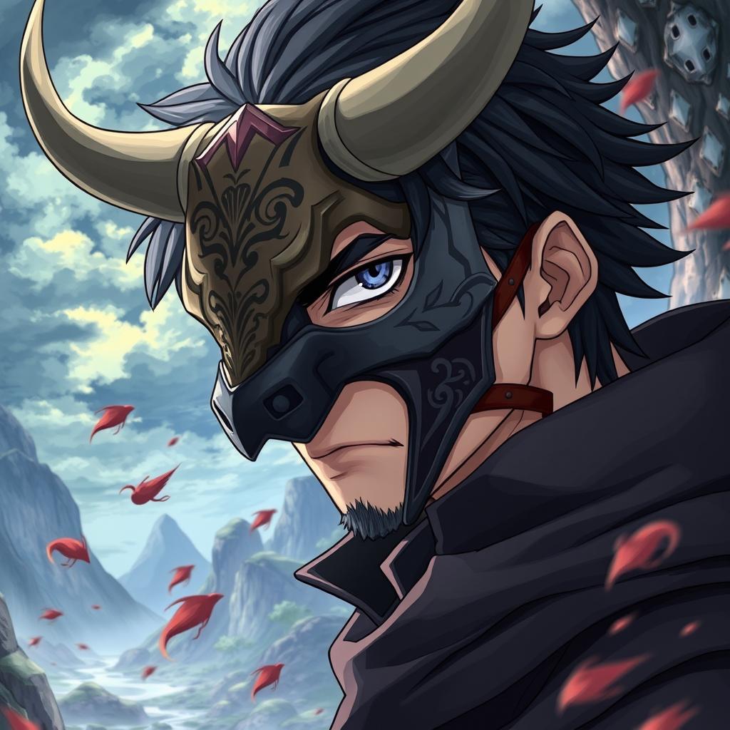 An intense illustration of Takuma Sakamoto from the anime 'Re:Monster', depicted wearing a detailed bull half mask that adds a fierce and enigmatic aura to his character