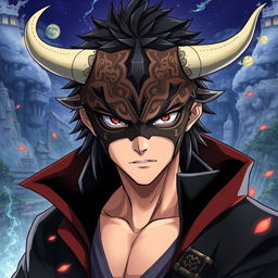 An intense illustration of Takuma Sakamoto from the anime 'Re:Monster', depicted wearing a detailed bull half mask that adds a fierce and enigmatic aura to his character