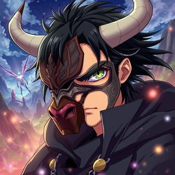 An intense illustration of Takuma Sakamoto from the anime 'Re:Monster', depicted wearing a detailed bull half mask that adds a fierce and enigmatic aura to his character
