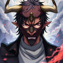 An intense illustration of Takuma Sakamoto from the anime 'Re:Monster', depicted wearing a detailed bull half mask that adds a fierce and enigmatic aura to his character