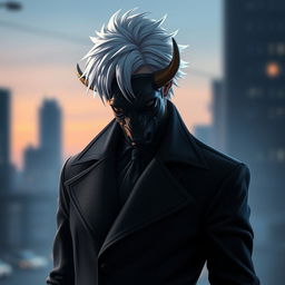 Takuma Sakamoto, a character with striking white hair, elegantly wearing a dramatic black coat