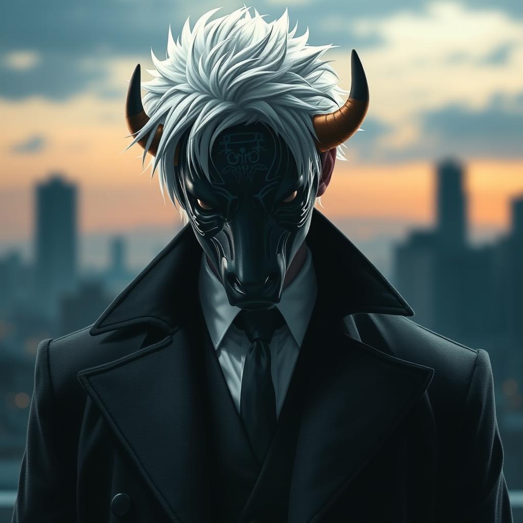 Takuma Sakamoto, a character with striking white hair, elegantly wearing a dramatic black coat