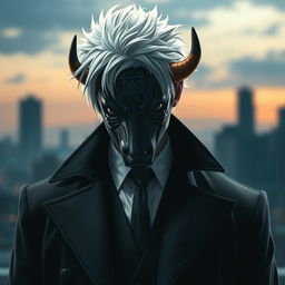 Takuma Sakamoto, a character with striking white hair, elegantly wearing a dramatic black coat