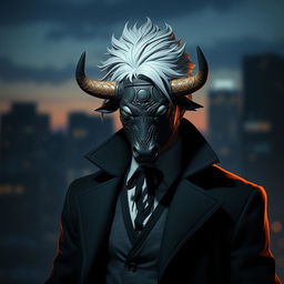 Takuma Sakamoto, a character with striking white hair, elegantly wearing a dramatic black coat