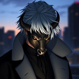 Takuma Sakamoto, a character with striking white hair, elegantly wearing a dramatic black coat