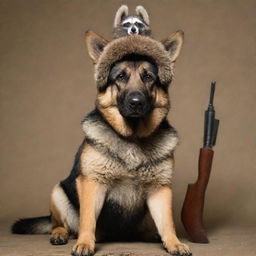 German shepherd dog with a raccoon sitting on its back, wearing a Soviet Ushanka hat, and holding an AK-47 rifle