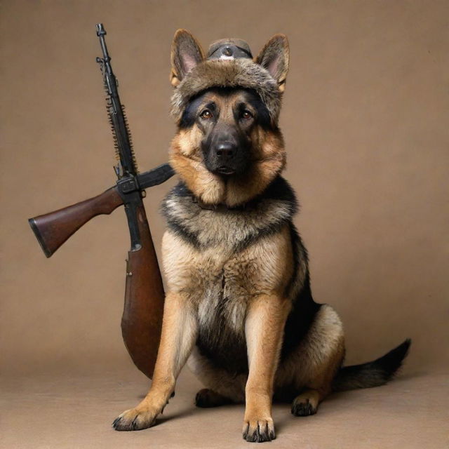 German shepherd dog with a raccoon sitting on its back, wearing a Soviet Ushanka hat, and holding an AK-47 rifle