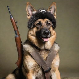 German shepherd dog with a raccoon sitting on its back, wearing a Soviet Ushanka hat, and holding an AK-47 rifle