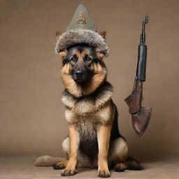 German shepherd dog with a raccoon sitting on its back, wearing a Soviet Ushanka hat, and holding an AK-47 rifle