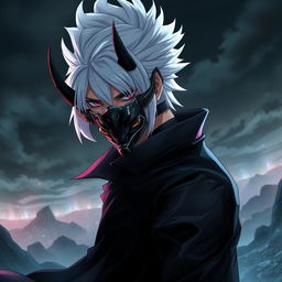 Anime version of Takuma Sakamoto, featuring striking white hair styled smoothly, adorned with formidable demon horns